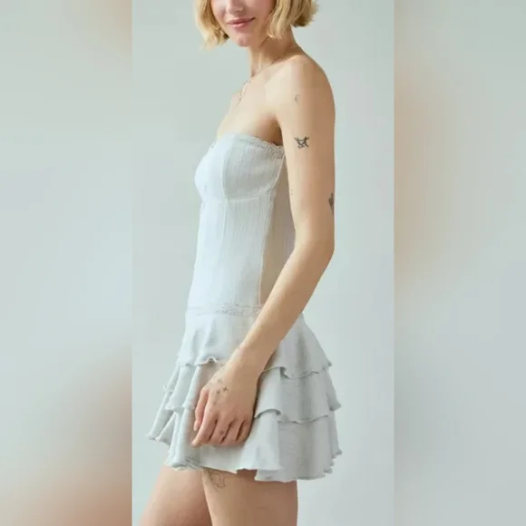 UO Mira Perfect Pointelle Drop Waist Strapless Romper Light Blue - Picture 3 of 4